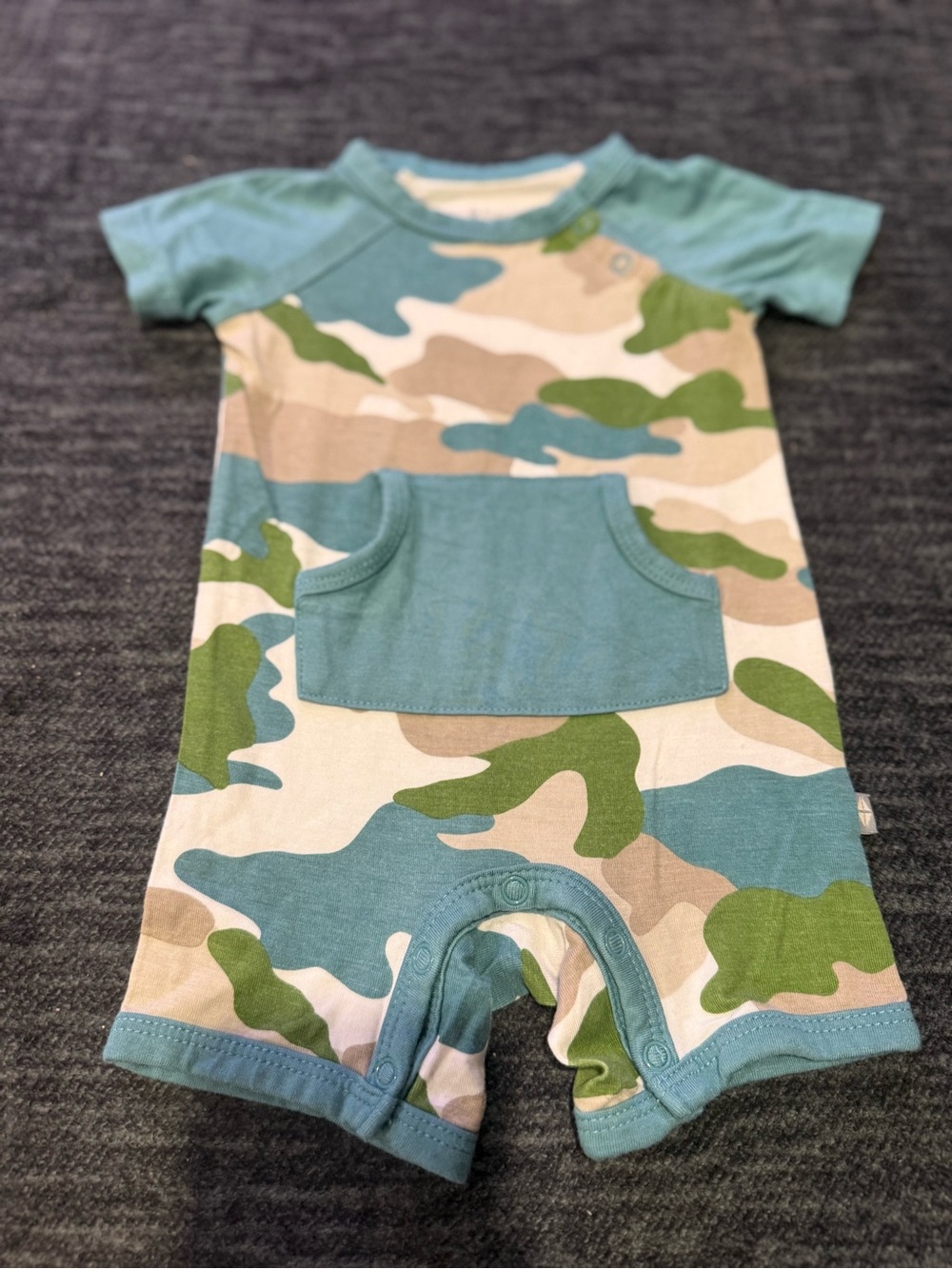 Kyte BABY Teal, Green & Tan Camo Short Romper
